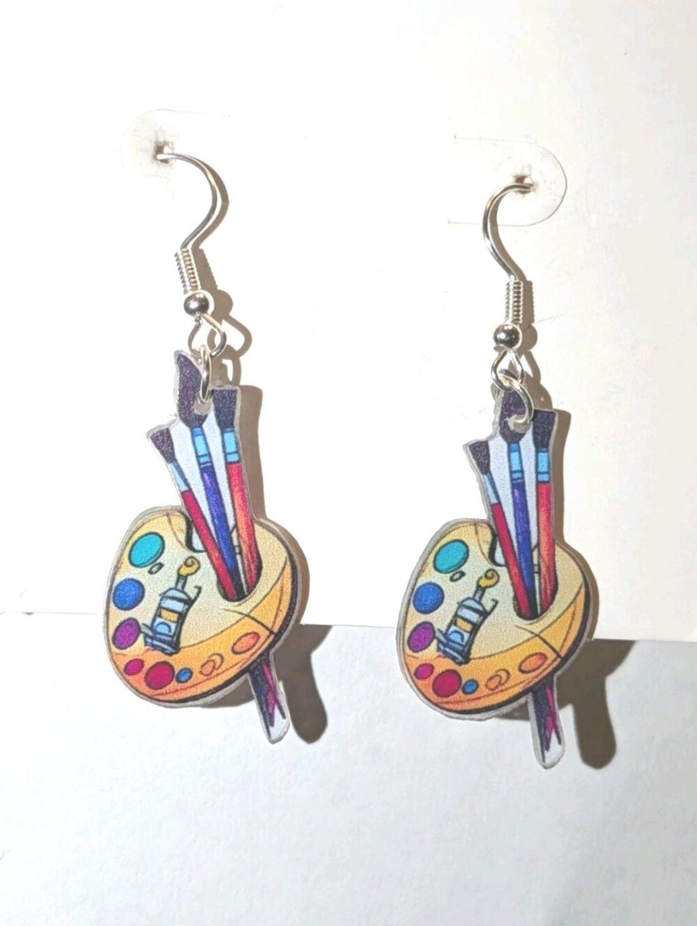 Hand Crafted Artist Palette & Brushes Dangle Earrings - Colorful Art Theme
